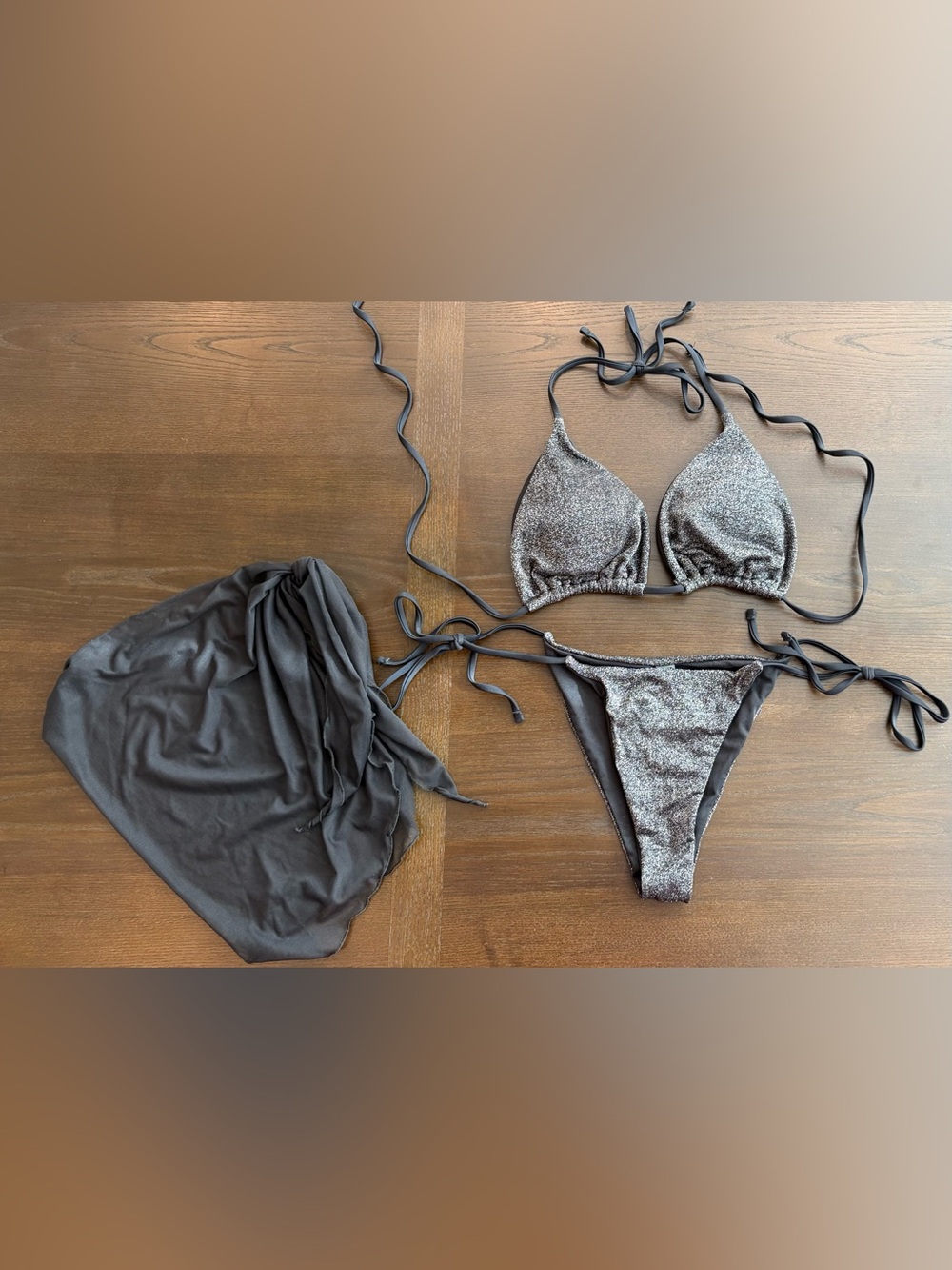 NWOT Sparkle Grey Triangle Bikini Set with Sarong